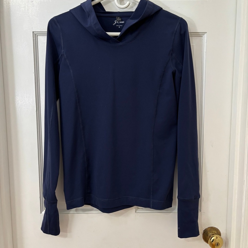 J Crew Navy Fitted Athletic Hoodie Signature Flex Thumbhole Shirt Size S NEW